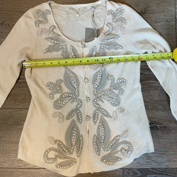 ANTHROPOLOGIE Knitted & Knotted Ivory Cardigan Felt Leaf Cashmere Cotton NWT - Picture 13 of 16